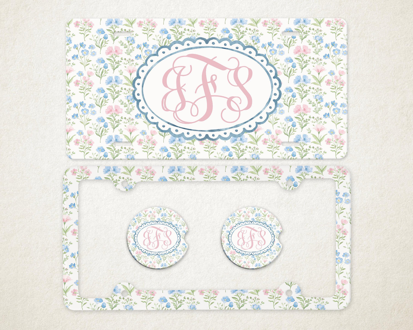 Personalized Car Accessories Set | Front License Plate, License Plate Frame, and Coasters | Mother's Day Gift Idea
