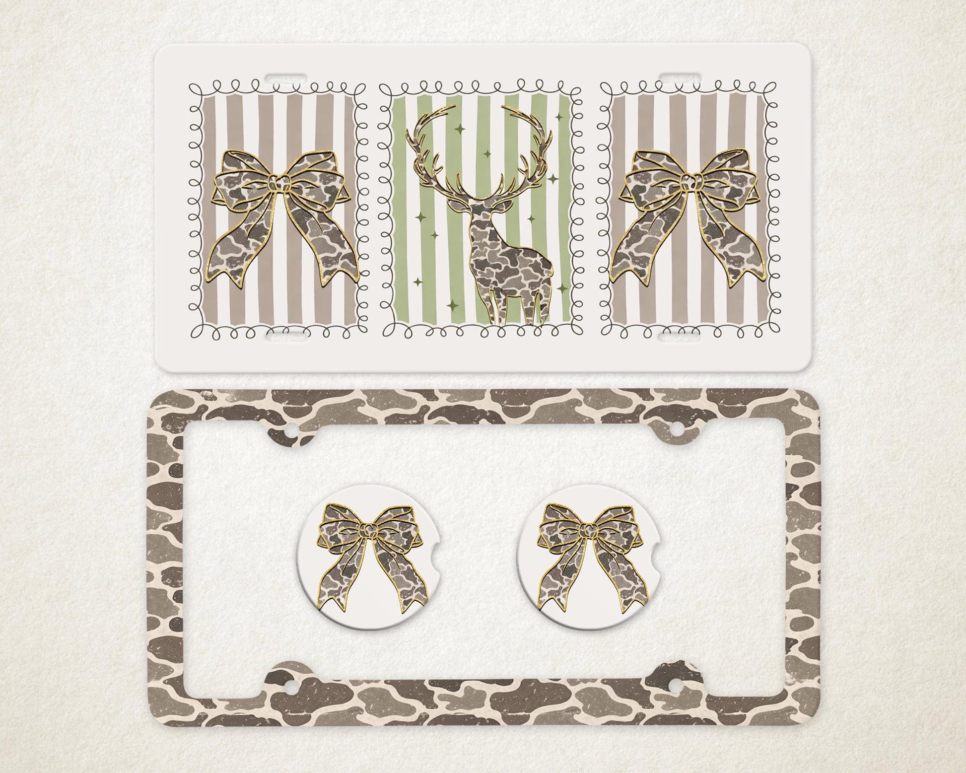 May include: A decorative car accessory set featuring a license plate frame, license plate cover, and two car coasters. The license plate cover and coasters have a giraffe print. The license plate cover has a bow design. The license plate cover has a deer design.