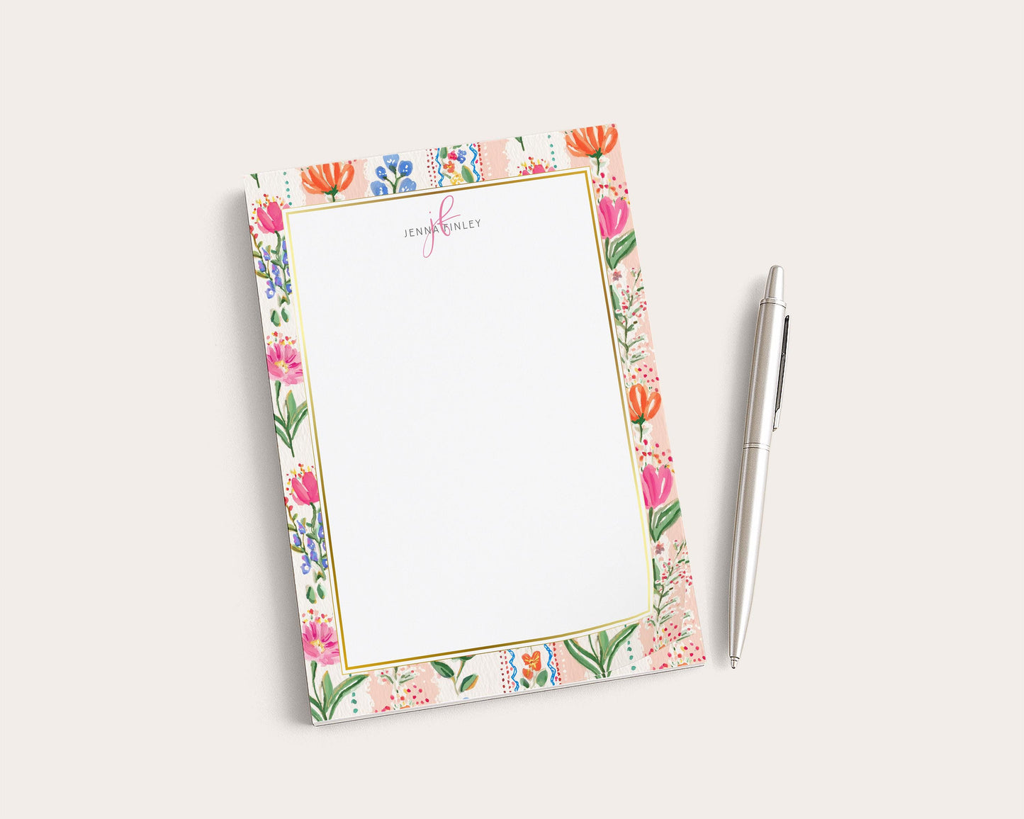 Personalized Floral Notepad | Pink Floral Stripes | Mother's Day Gift Idea
