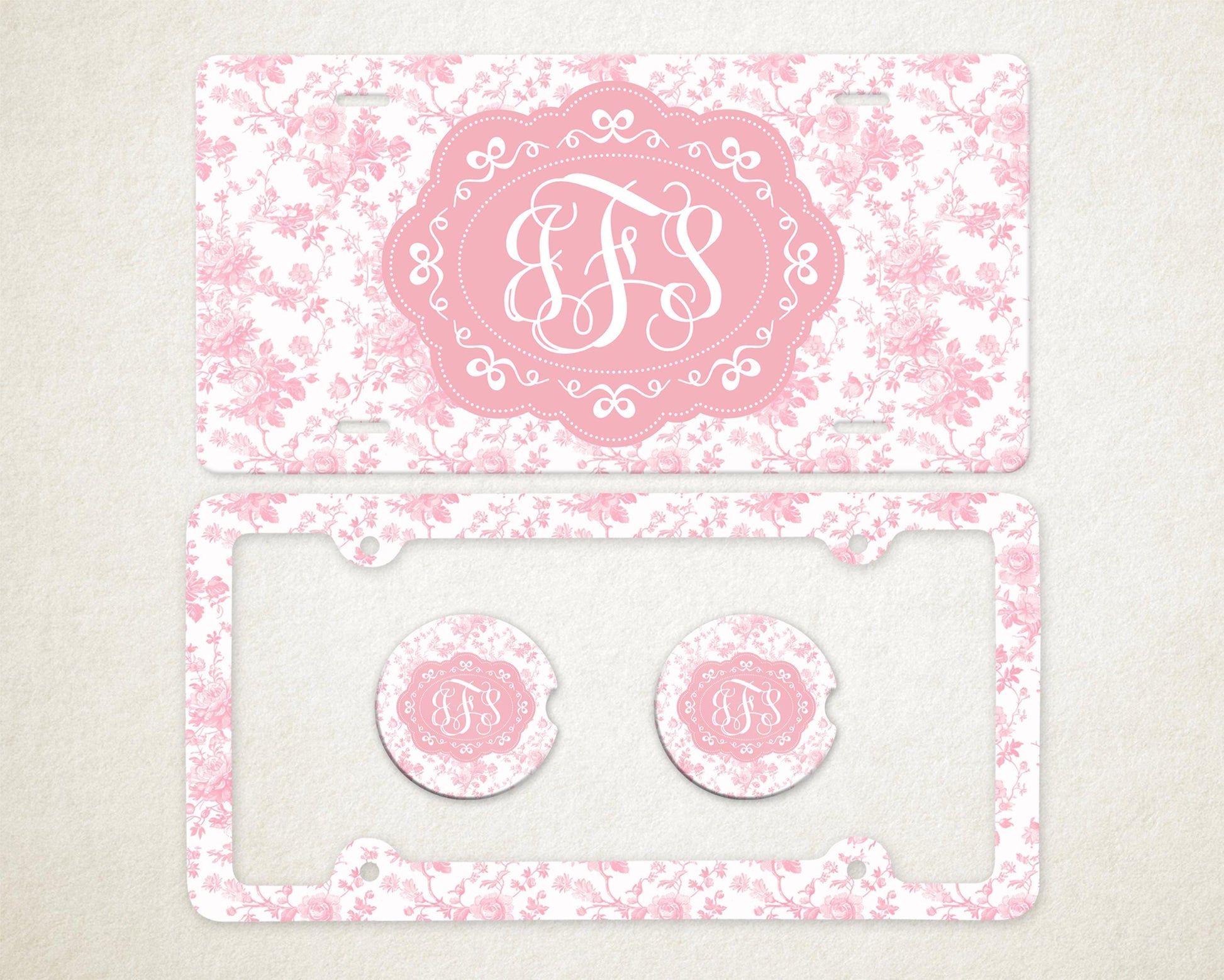 Personalized Car Accessories Set | Front License Plate, License Plate Frame, and Coasters | Mother's Day Gift Idea