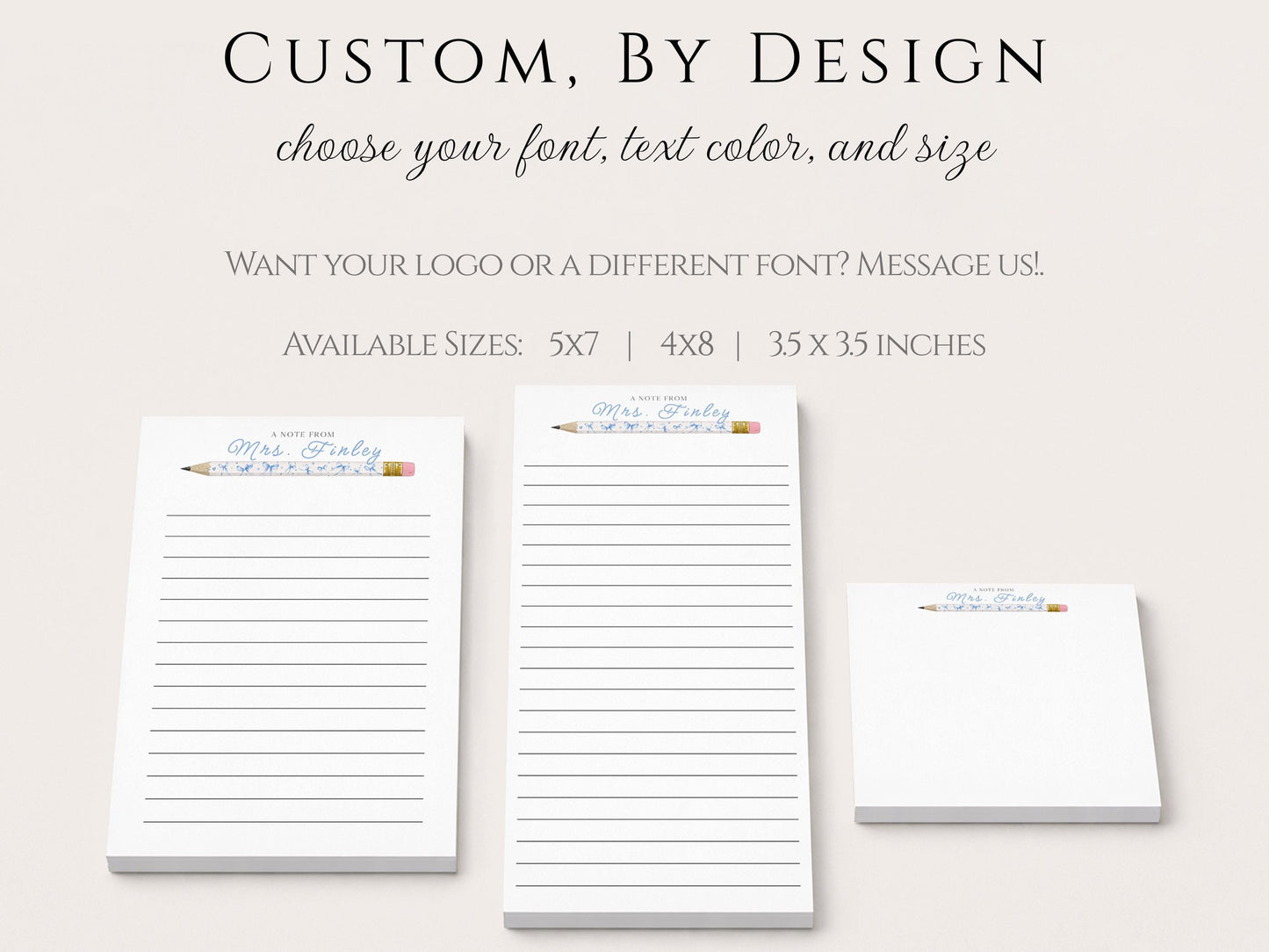 Personalized Teacher Notepad | Blue Bow Print Pencils | Teacher Appreciation Gift