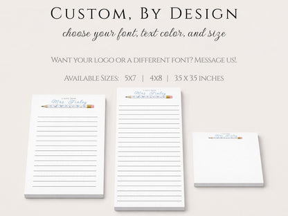 Personalized Teacher Notepad | Blue Bow Print Pencils | Teacher Appreciation Gift