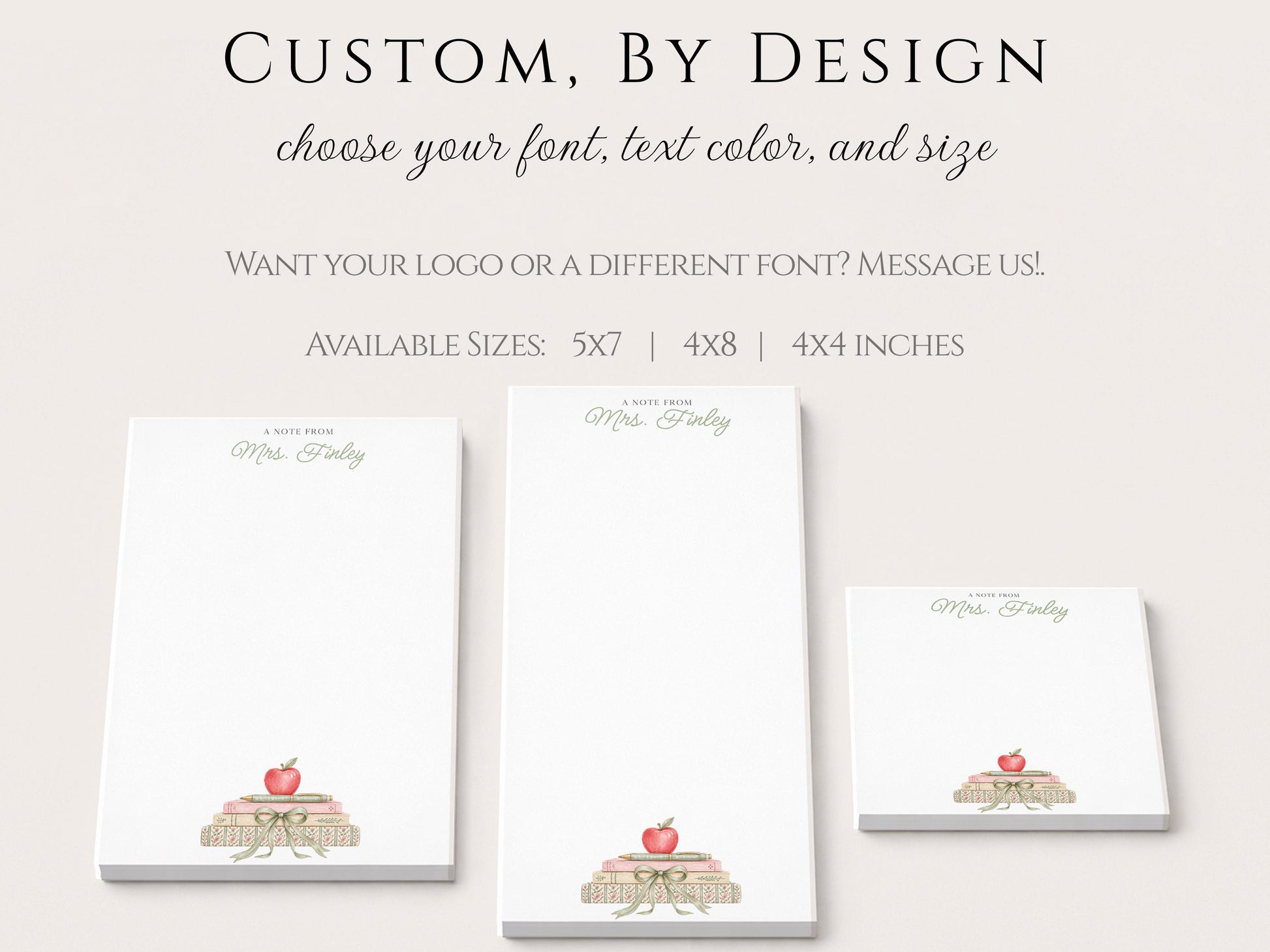 Personalized Teacher Notepad | Sage Green Bow Book Pile | Teacher Appreciation Gift