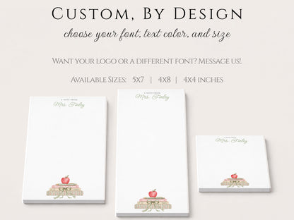 Personalized Teacher Notepad | Sage Green Bow Book Pile | Teacher Appreciation Gift