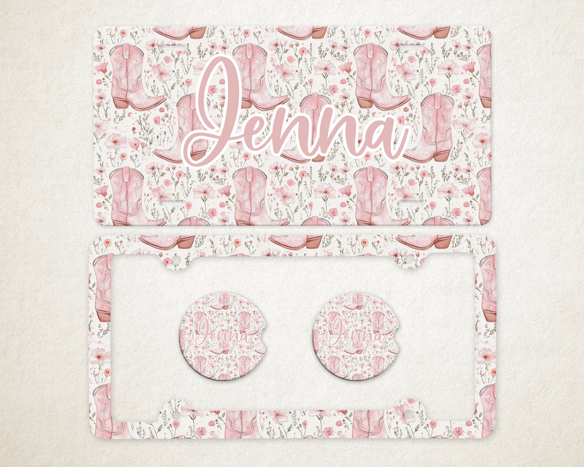 Personalized Car Accessories Set | Front License Plate, License Plate Frame, and Coasters | Mother's Day Gift Idea