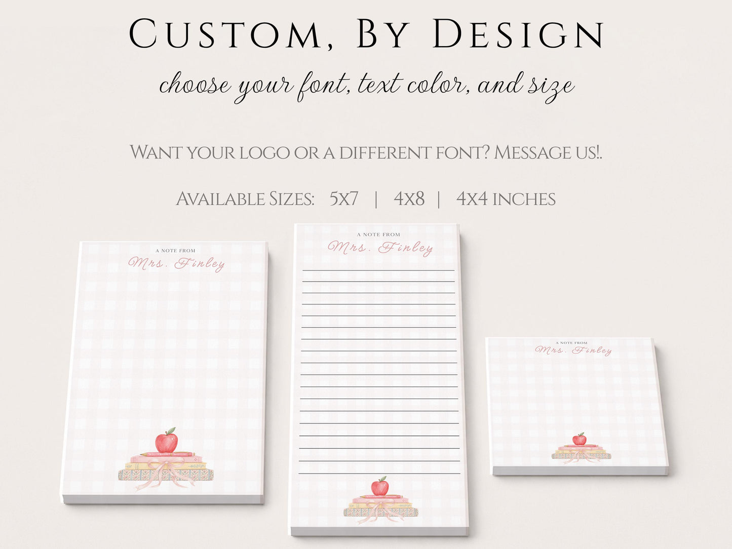 Personalized Teacher Notepad | Pink Gingham Book Pile Bow | Teacher Appreciation Gift