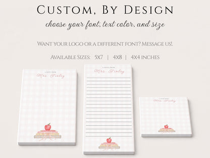 Personalized Teacher Notepad | Pink Gingham Book Pile Bow | Teacher Appreciation Gift