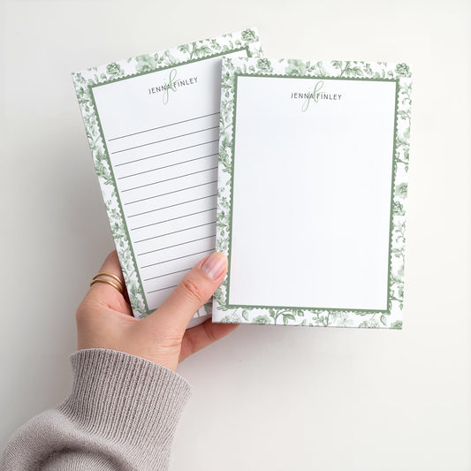 Personalized Floral Notepad | Sage Green Toile Flowers | Mother's Day Gift Idea