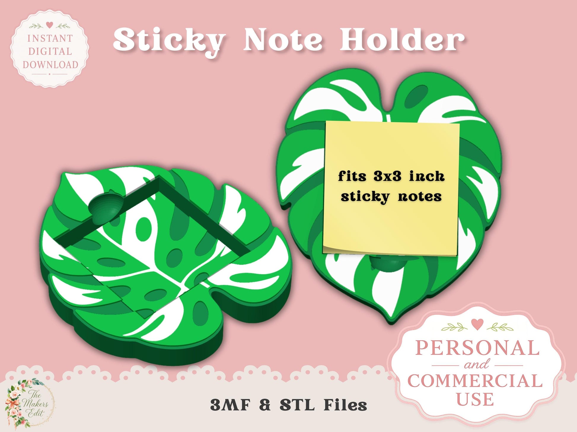 Variegated Monstera - Sticky Note Holder - Digital File