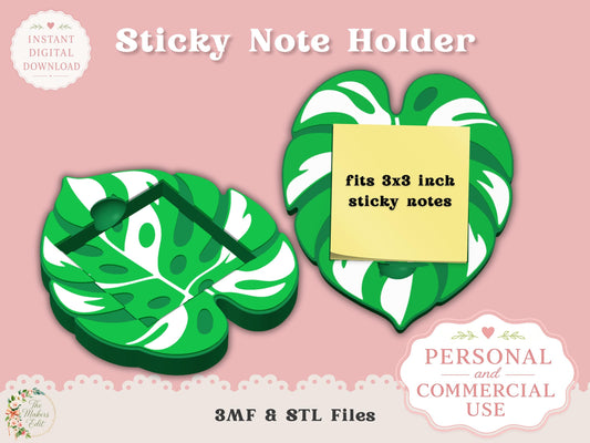 Sticky Note Holder 3D Printer File | Variegated Monstera | STL 3MF | Commercial Use | Desk Organizer