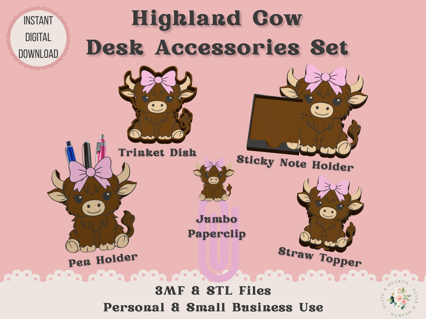 Highland Cow Desk Accessories Bundle 3D Printer File | STL 3MF | Commercial Use | Multi-Color 3MF | STL File
