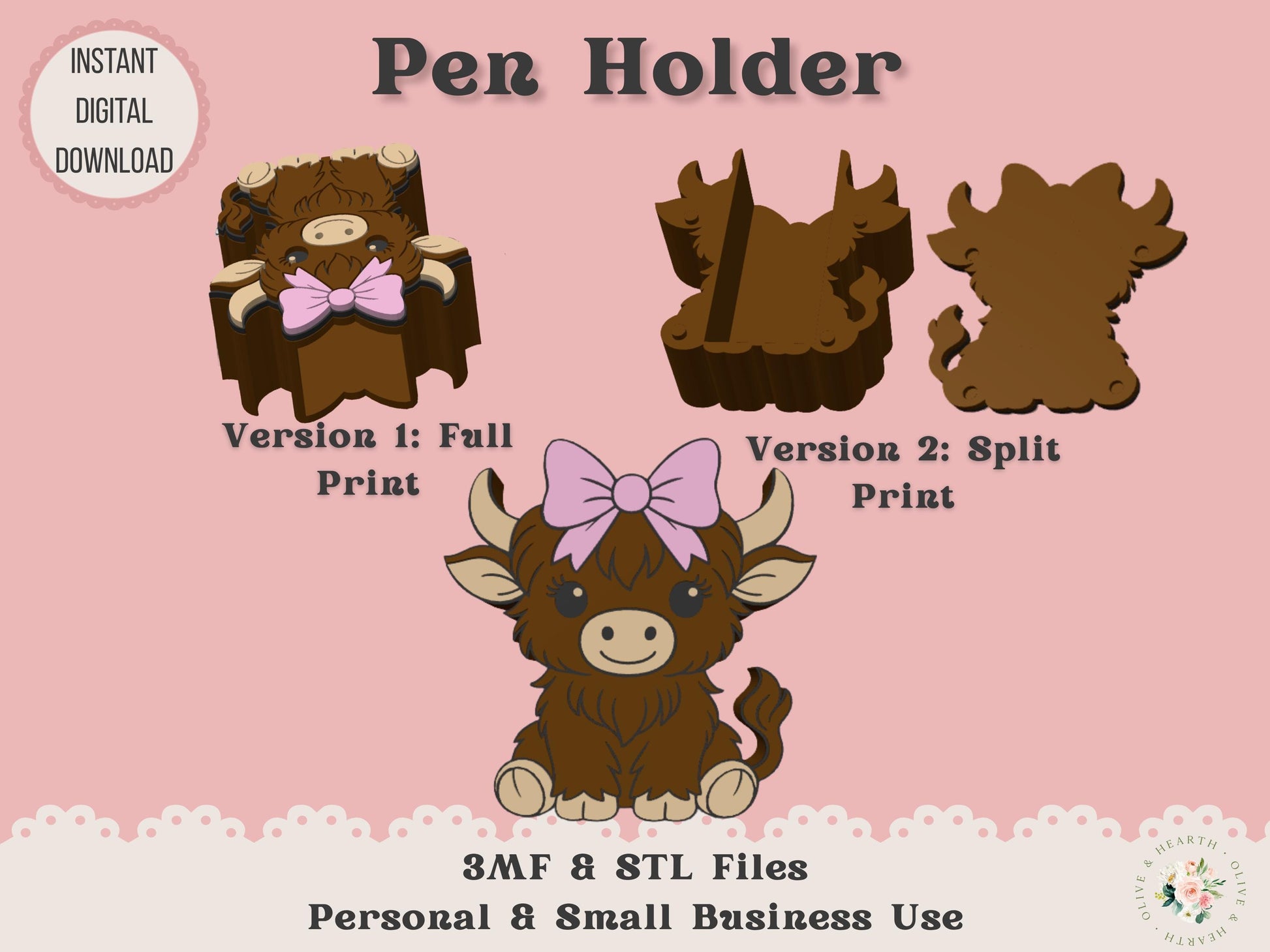 Pen Holder 3D Printer File | Highland Cow with Bow STL 3MF | Commercial Use | Desk Organizer
