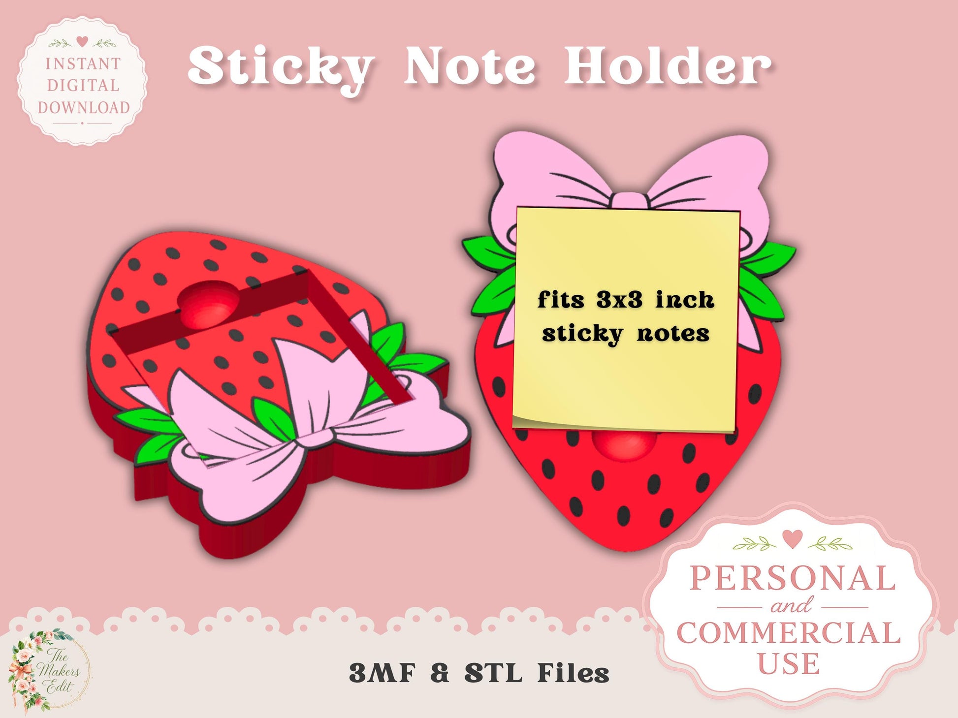 Strawberry Coquette Bow - Sticky Note Holder - Digital File
