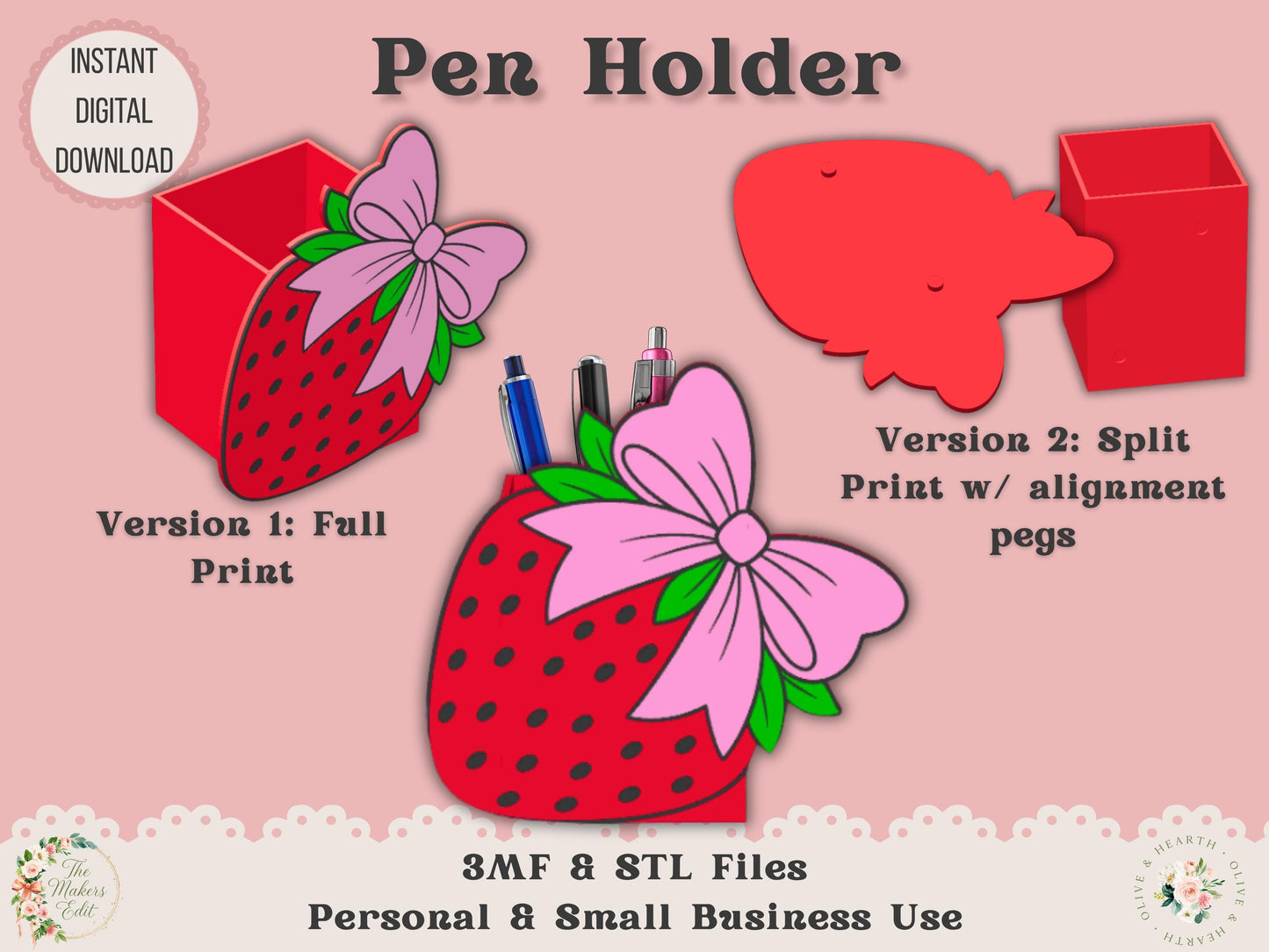 Strawberry Coquette Bow - Pen Holder - Digital File