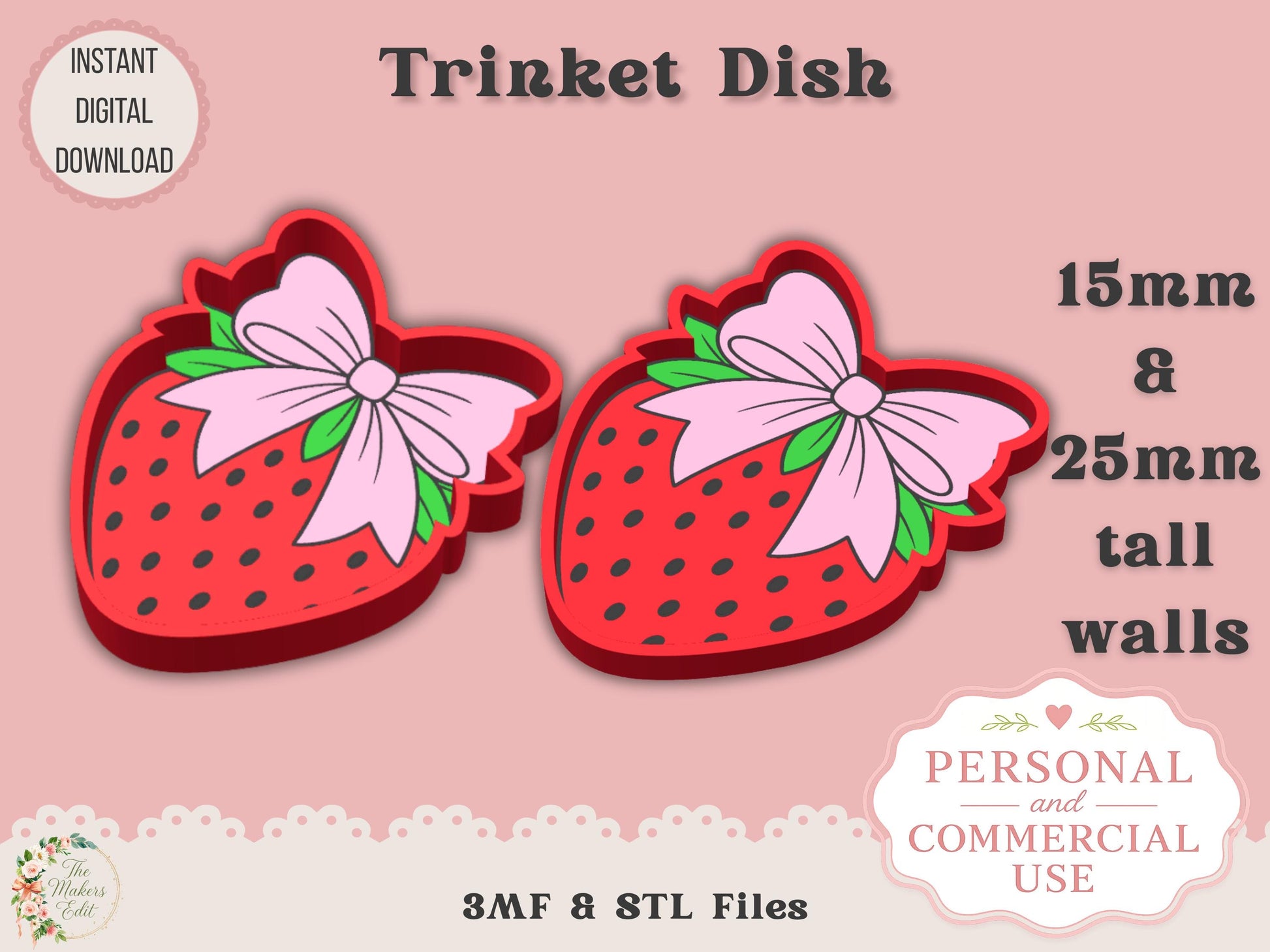 Strawberry with Bow - Trinket Dish - Digital File