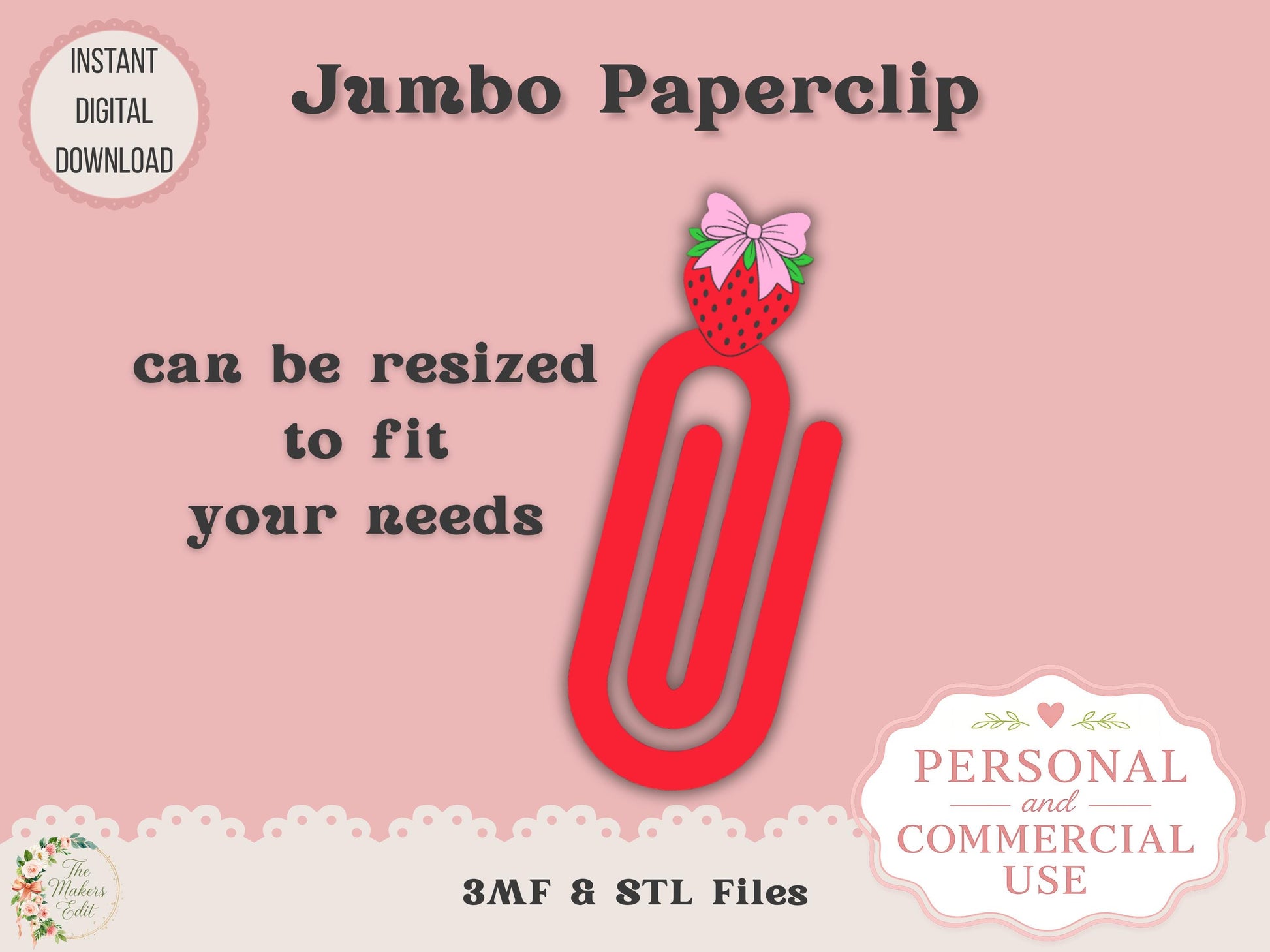 Strawberry with Bow - Jumbo Paperclip - Digital File