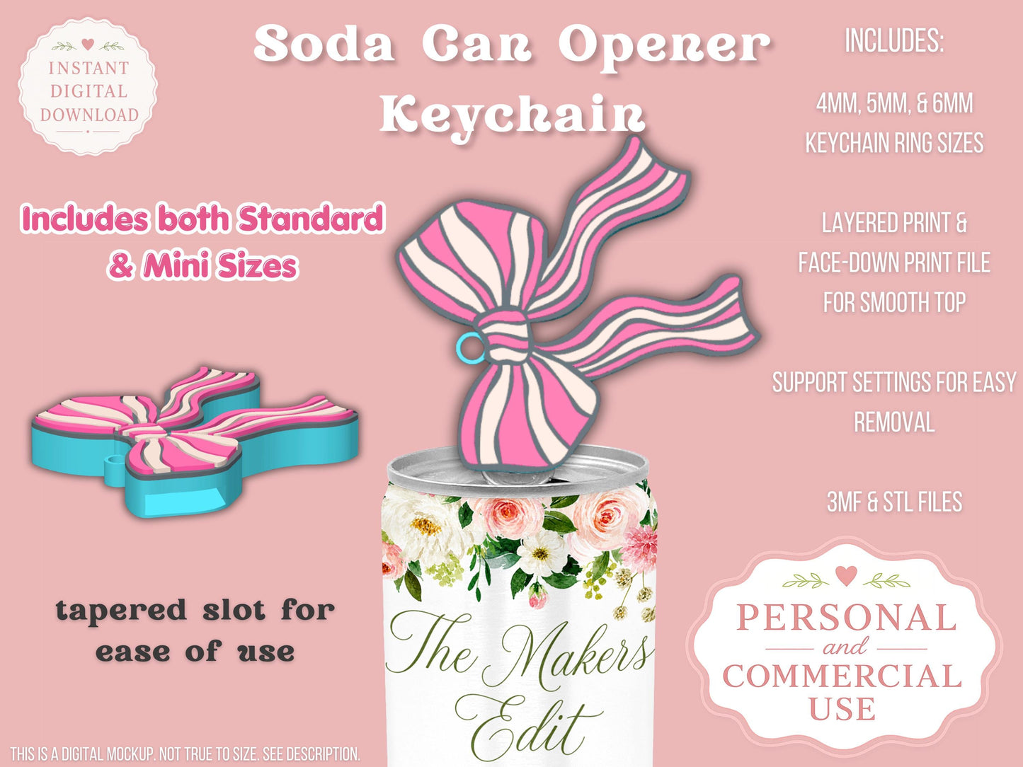 Soda Can Tab Opener Keychain 3D Printer File |Striped Coquette Bow | STL 3MF | Commercial Use | Nail Saver Keychain