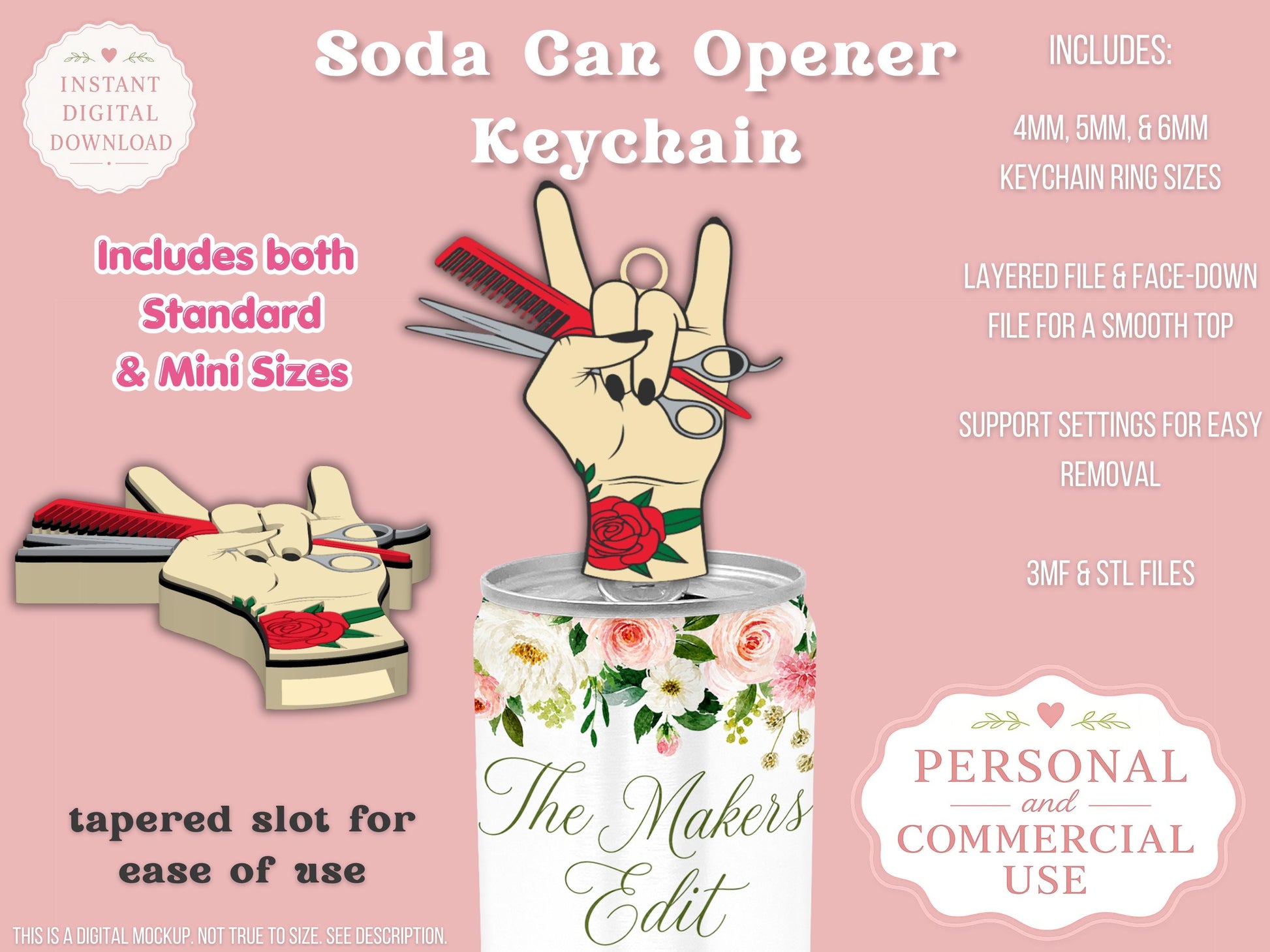 Soda Can Tab Opener Keychain 3D Printer File | Hair Stylist Aesthetic | STL 3MF | Commercial Use | Nail Saver Keychain