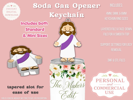 Soda Can Tab Opener Keychain 3D Printer File | Mini Jesus | STL 3MF | Commercial Use | Nail Saver Keychain