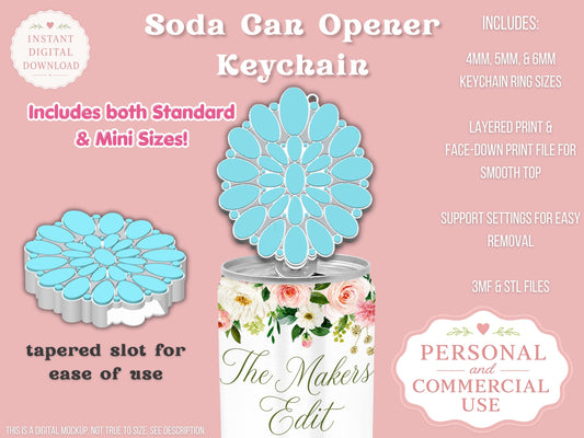 Soda Can Tab Opener Keychain 3D Printer File | Turquoise Gemstone| STL 3MF | Commercial Use | Nail Saver Keychain