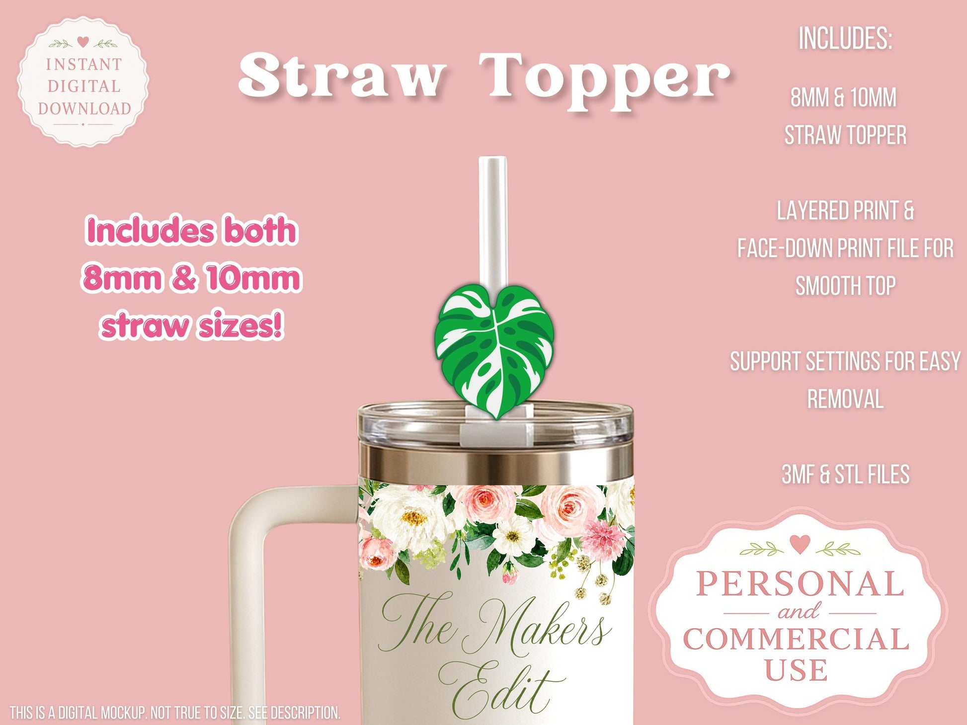 Variegated Monstera - Straw Topper - Digital File