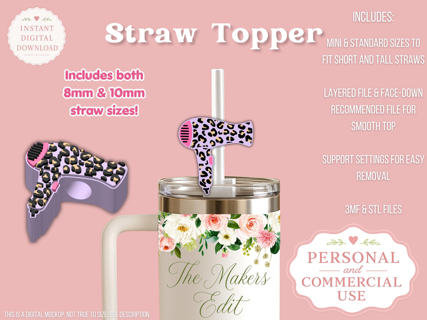 Leopard Print Hair Dryer - Straw Topper - Digital File