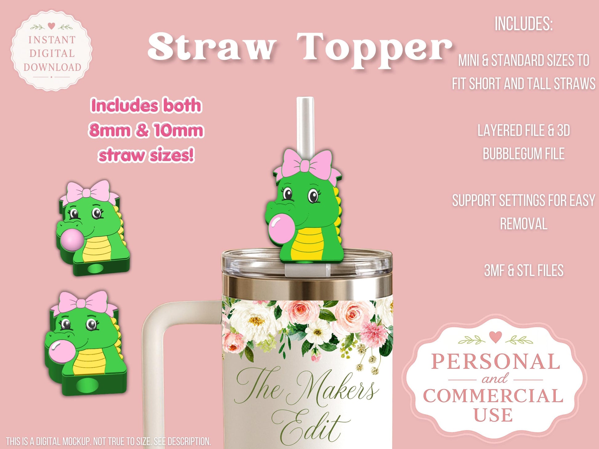 Alligator Bubblegum - Straw Topper - Digital File
