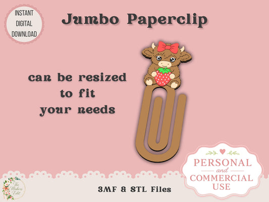 Jumbo Paper Clip 3D Printer File | Highland Cow with Strawberry & Bow | STL 3MF | Commercial Use | Multi-Color 3MF | STL File