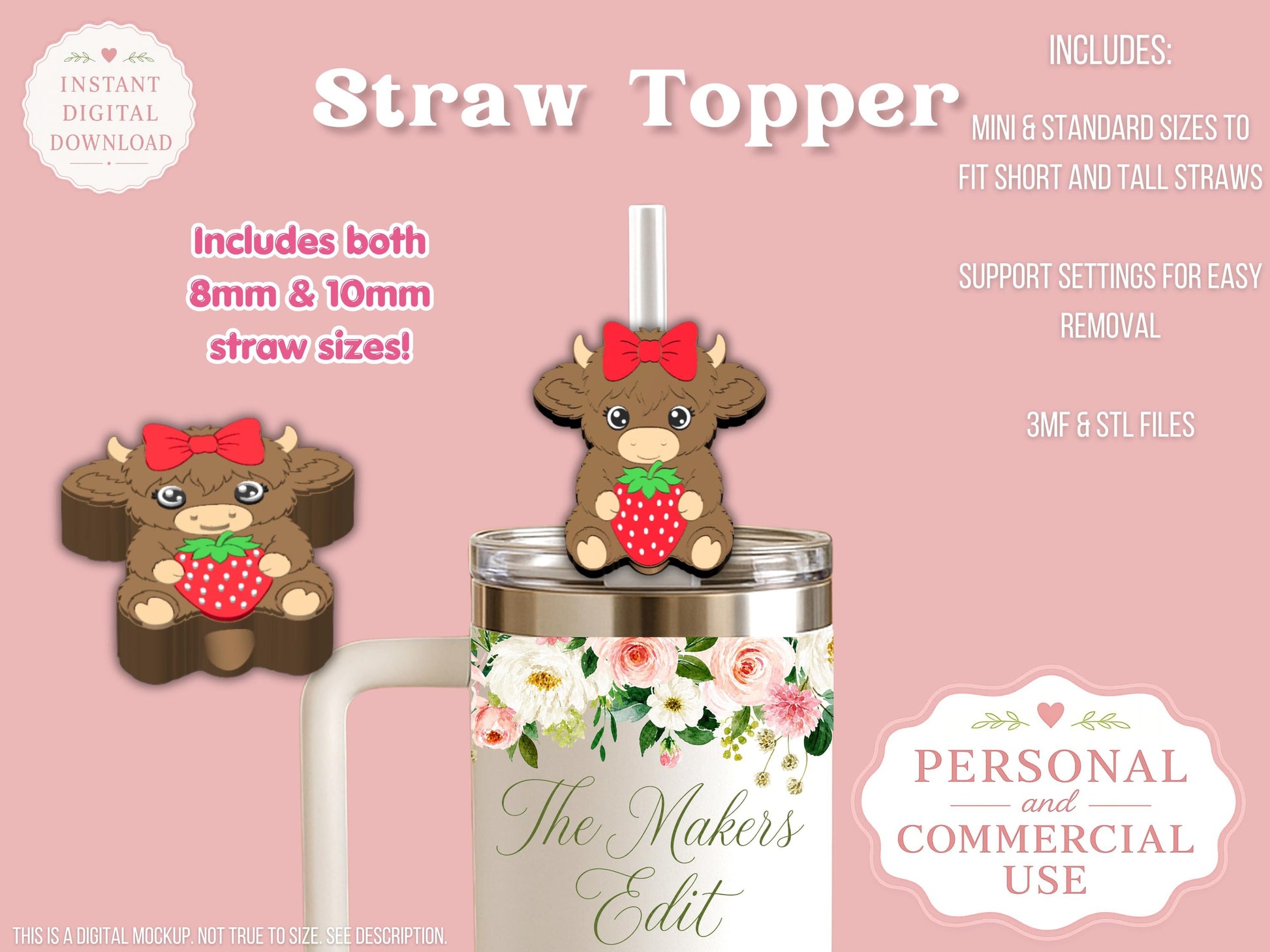 Highland Cow Strawberry Coquette Bow - Straw Topper - Digital File