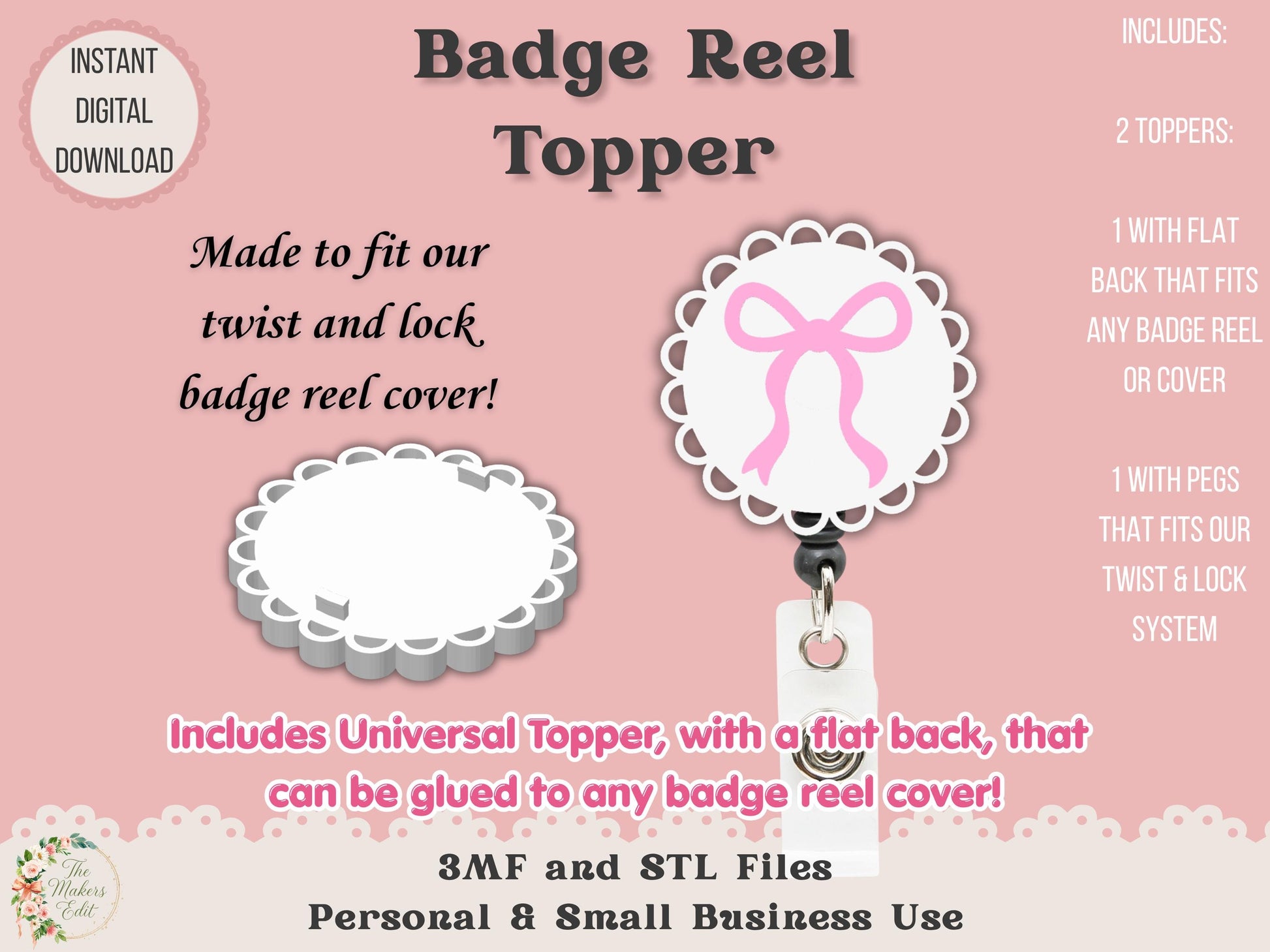 Badge Reel Topper 3D Printer File | Scalloped Circle Coquette Bow STL 3MF