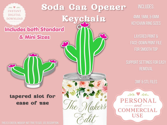 Soda Can Tab Opener Keychain 3D Printer File | Cactus | STL 3MF | Commercial Use | Nail Saver Keychain