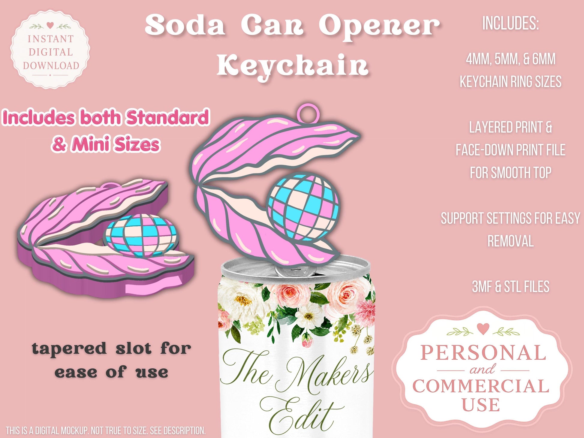 Soda Can Tab Opener Keychain 3D Printer File | Disco Clam | STL 3MF | Commercial Use | Nail Saver Keychain