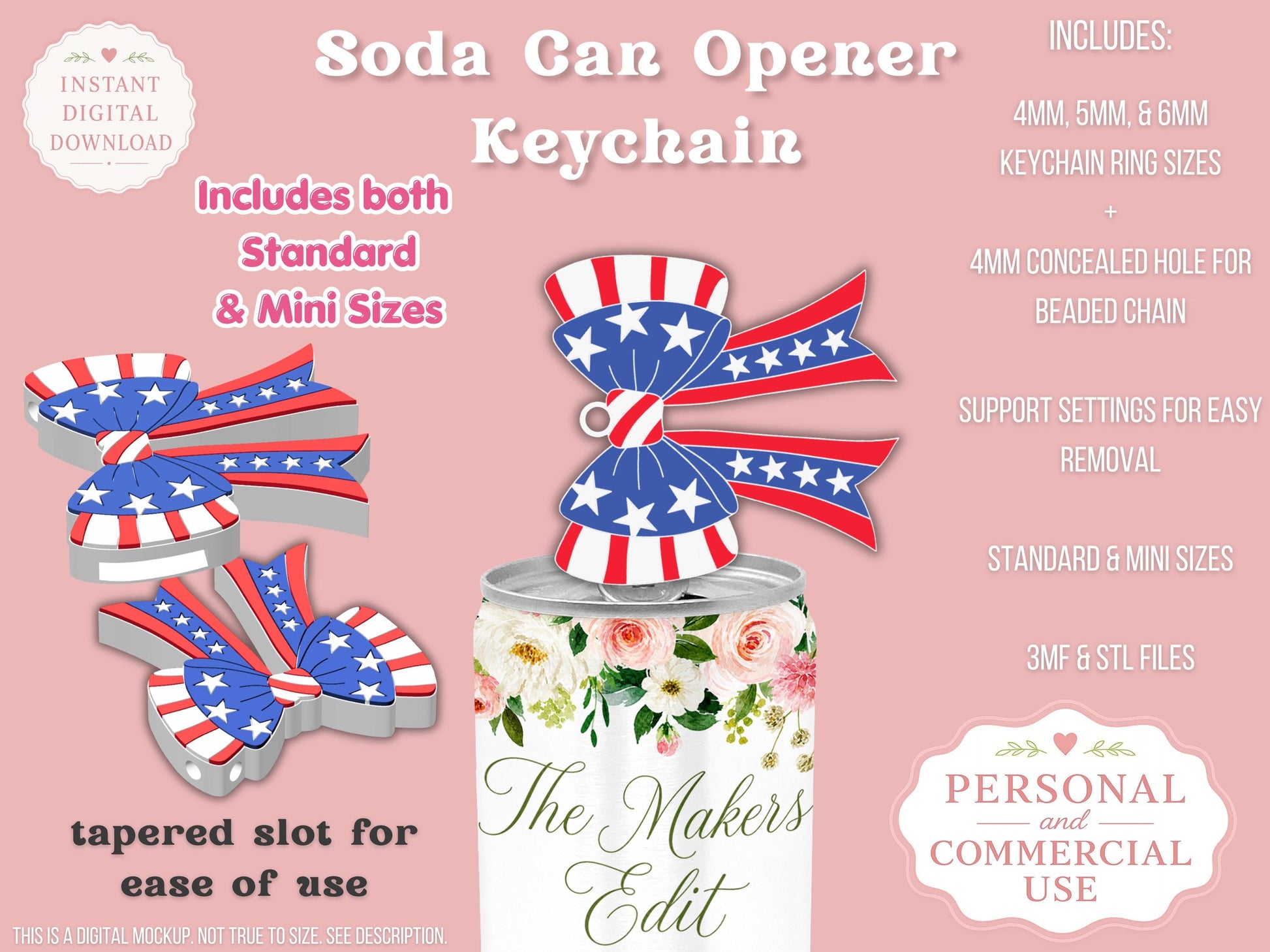 Soda Can Tab Opener Keychain 3D Printer File | Patriotic American Flag Coquette Bow STL 3MF | Commercial Use | Nail Saver Keychain