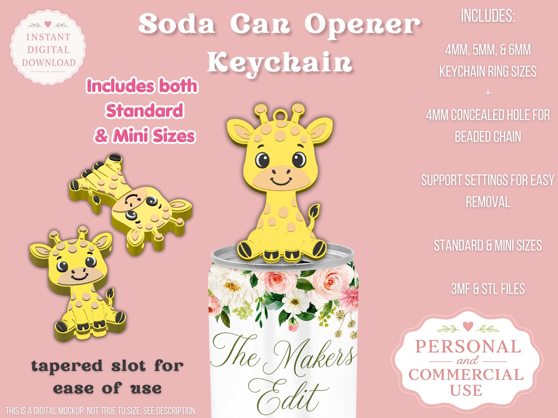 Soda Can Tab Opener Keychain 3D Printer File | Cute Giraffe STL 3MF | Commercial Use | Nail Saver Keychain