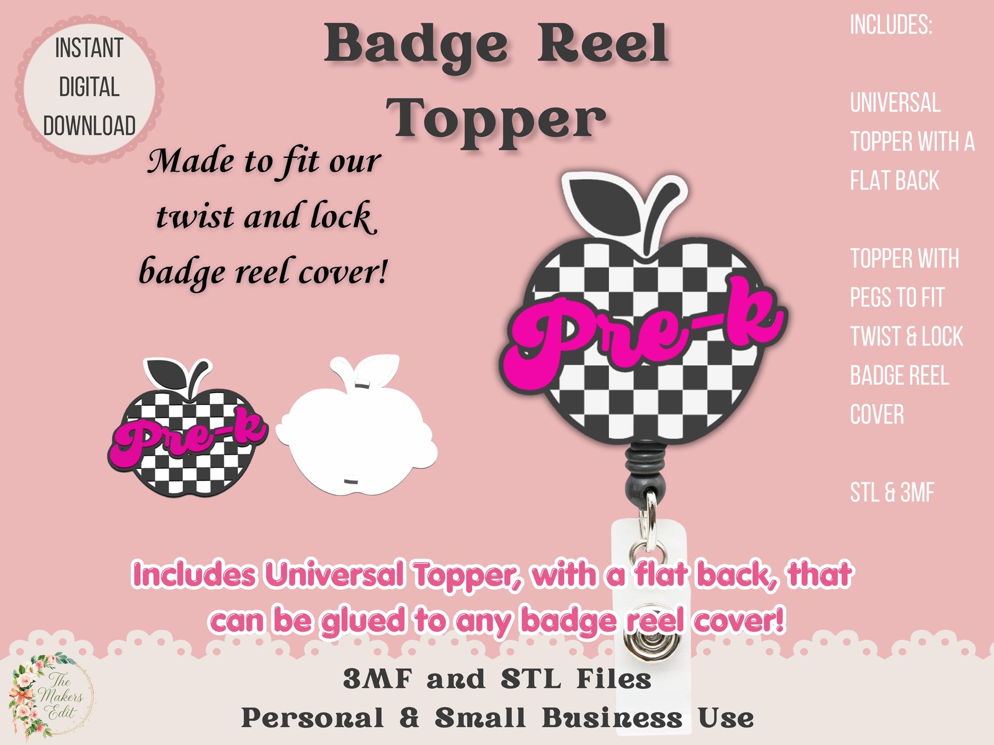 Badge Reel Topper 3D Printer File | Pre-K Checkered Apple STL 3MF | Teacher