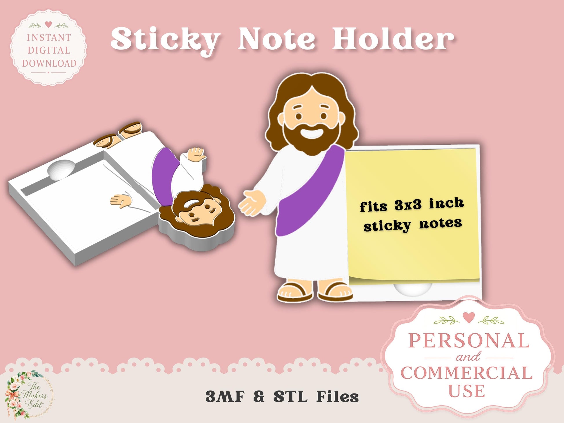 Sticky Note Holder 3D Printer File | Mini Jesus | STL 3MF | Commercial Use | Desk Organizer