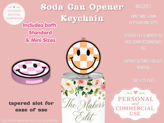 Soda Can Tab Opener Keychain 3D Printer File | Groovy Checkered Smiley Face | STL 3MF | Commercial Use | Nail Saver Keychain