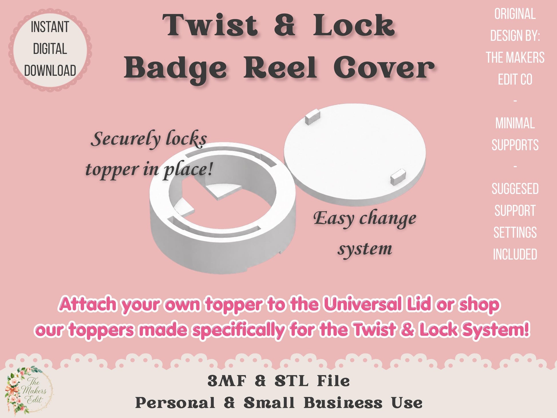 Twist and Lock Badge Reel Cover | STL 3MF File for 3D Printer