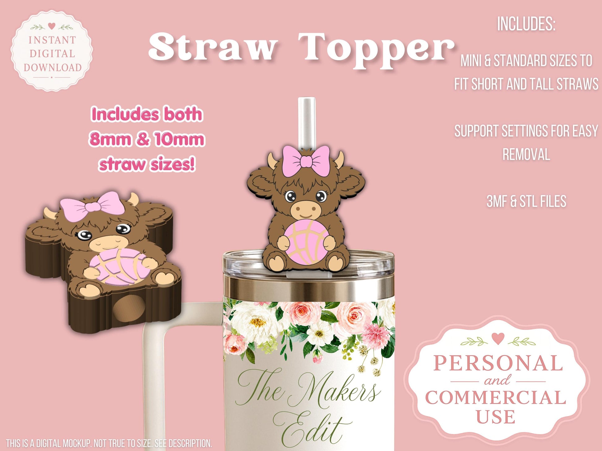 Straw Topper 3D Printer File | Highland Cow Concha Coquette Bow 3MF STL | Fits 10mm & 8mm Straws | Commercial Use | Tumbler Accessories