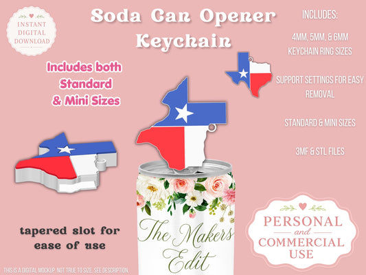 Soda Can Tab Opener Keychain 3D Printer File | Texas Shape State Flag STL 3MF | Commercial Use | Nail Saver Keychain
