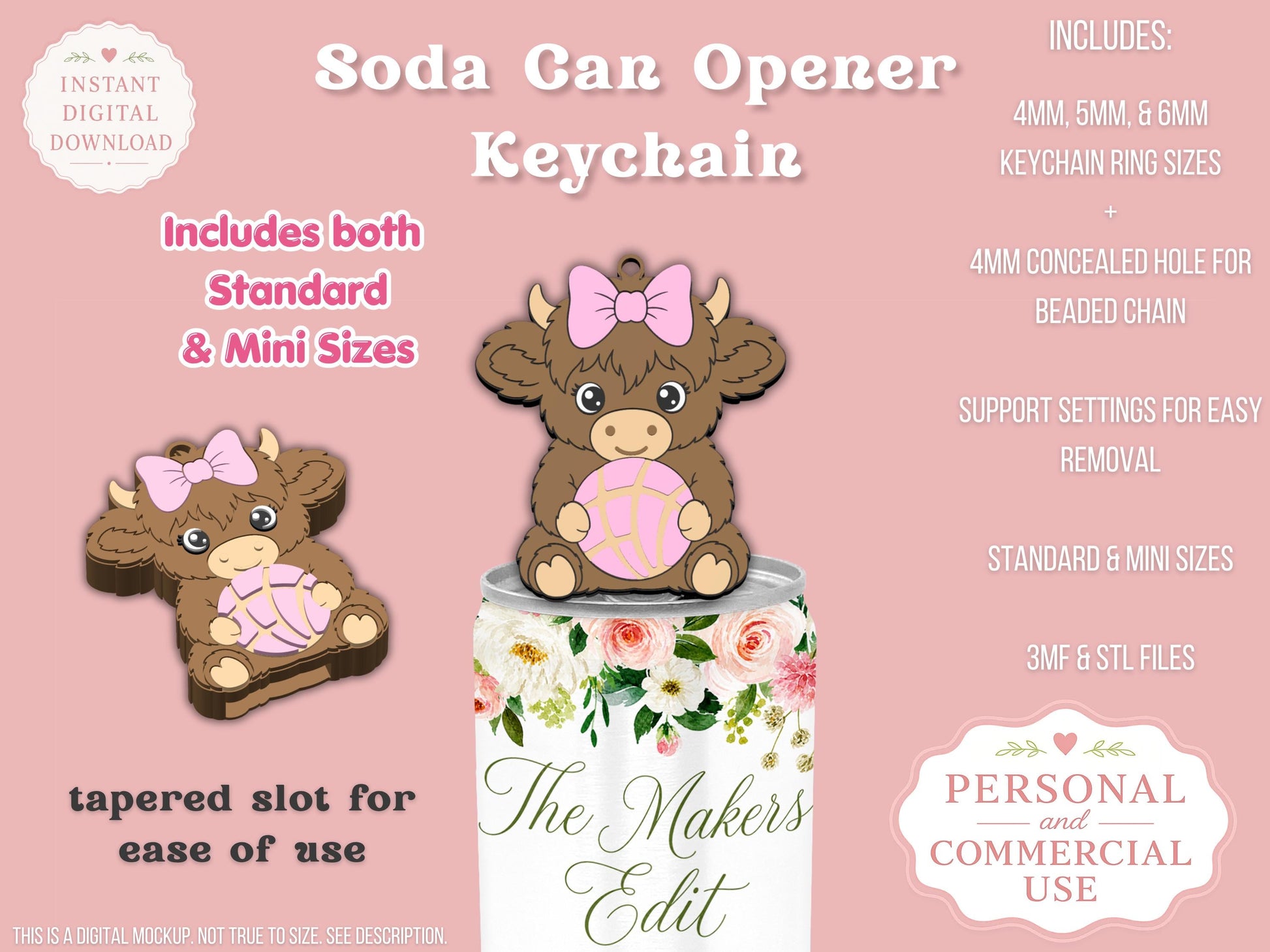Soda Can Opener 3D Printer File | Highland Cow Concha Coquette Bow STL 3MF | Commercial Use | Nail Saver Keychain