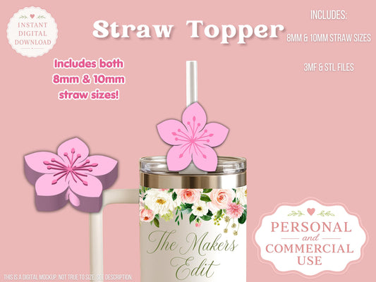 Straw Topper 3D Printer File | Cherry Blossom STL 3MF | Fits 10mm & 8mm Straws | STL 3MF | Commercial Use | Tumbler Accessories