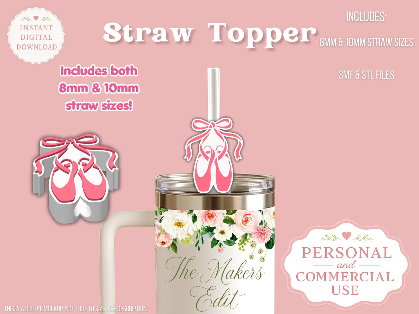 Straw Topper 3D Printer File | Ballet Shoes Dance STL 3MF | Fits 10mm & 8mm Straws | STL 3MF | Commercial Use | Tumbler Accessories