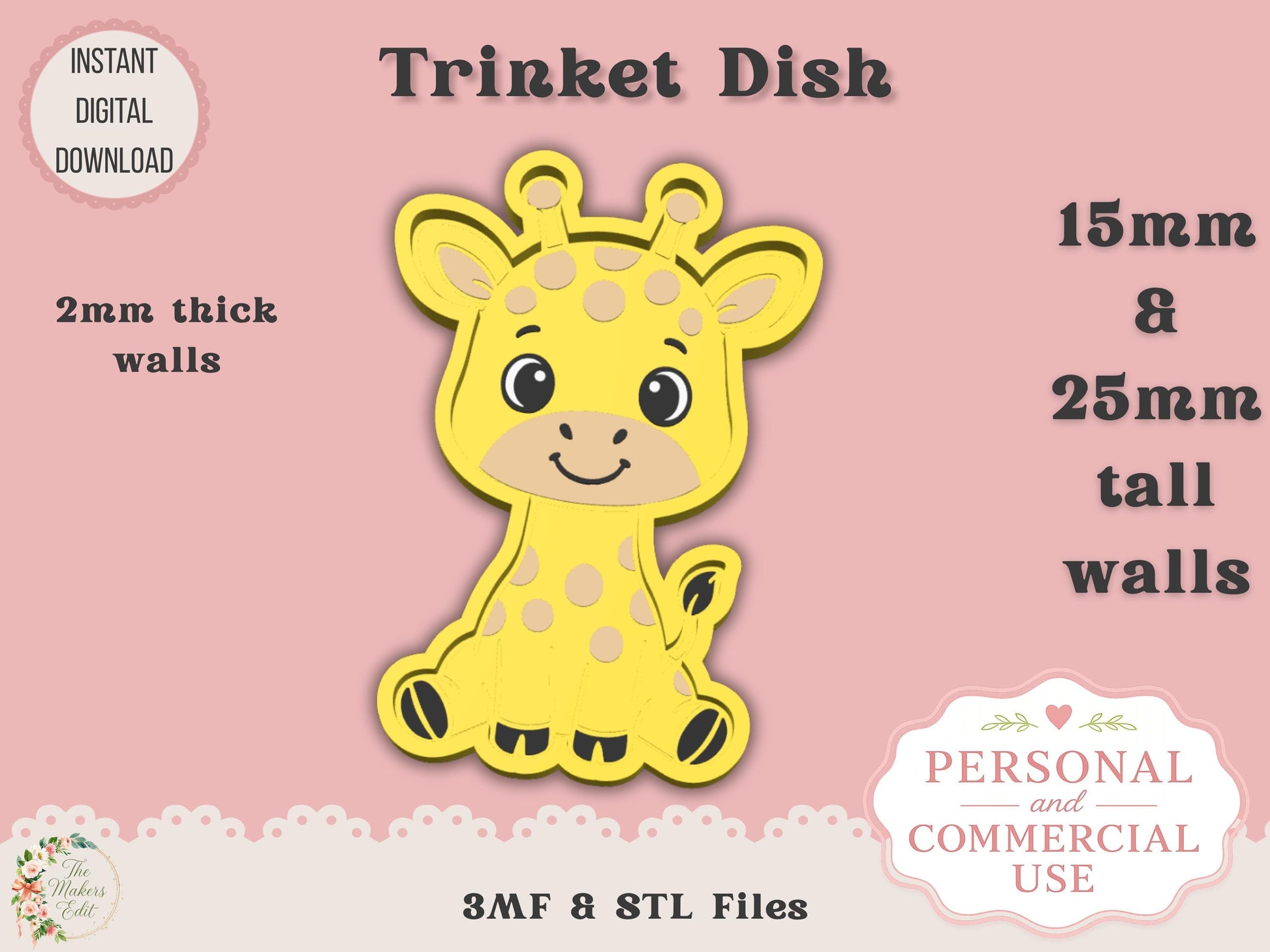 Trinket Dish 3D Printer File | Cute Giraffe | STL 3MF | Commercial Use | Multi-Color 3MF | STL File