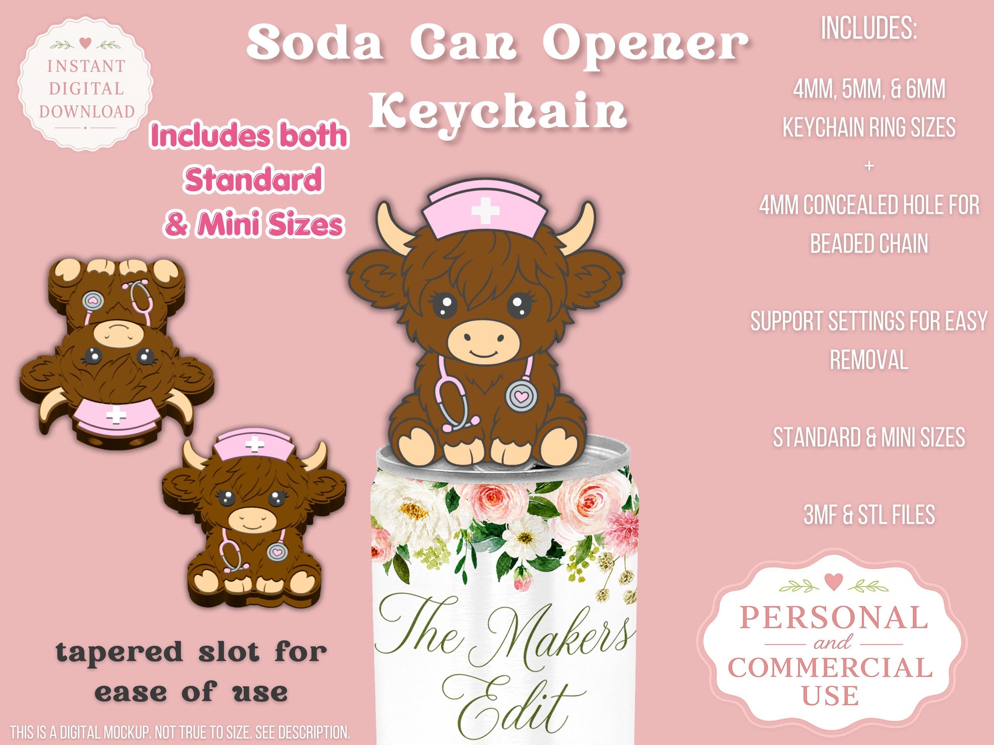 Soda Can Tab Opener 3D Printer File | Nurse Highland Cow STL 3MF | Commercial Use