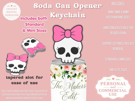 Soda Can Tab Opener Keychain 3D Printer File | Skeleton Coquette Bow STL 3MF | Commercial Use | Nail Saver Keychain
