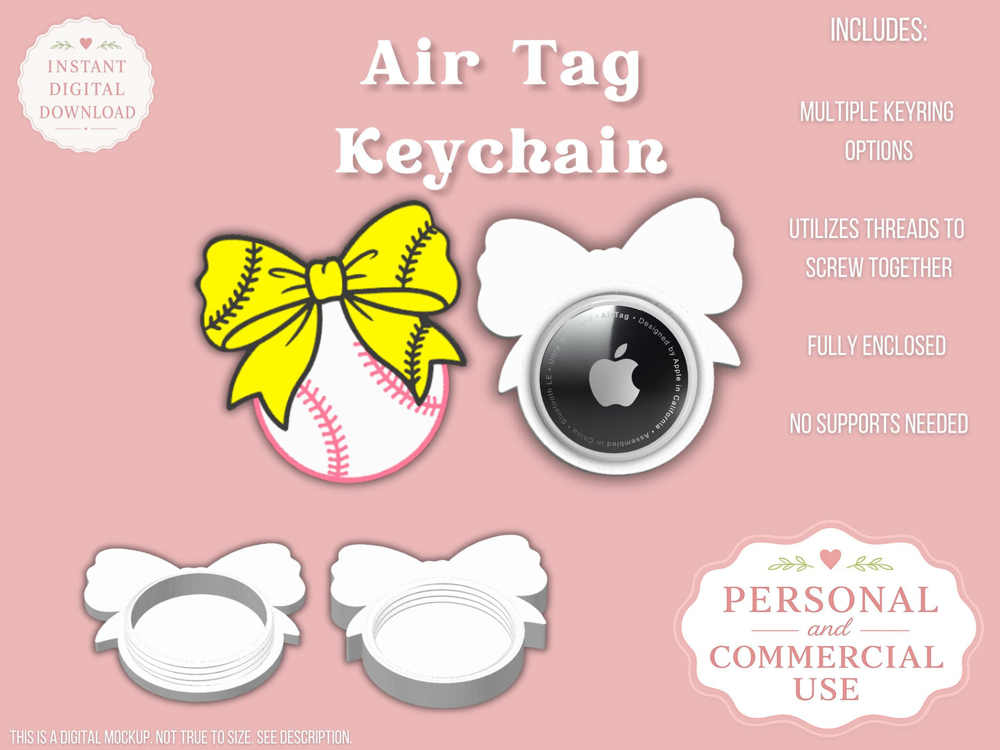 AirTag Holder Keychain | Softball Baseball Coquette Bow | STL 3MF
