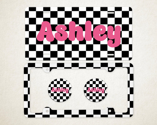 Personalized Car Accessories Set | Front License Plate, License Plate Frame, and Coasters | Checkered Retro Bubble Letters