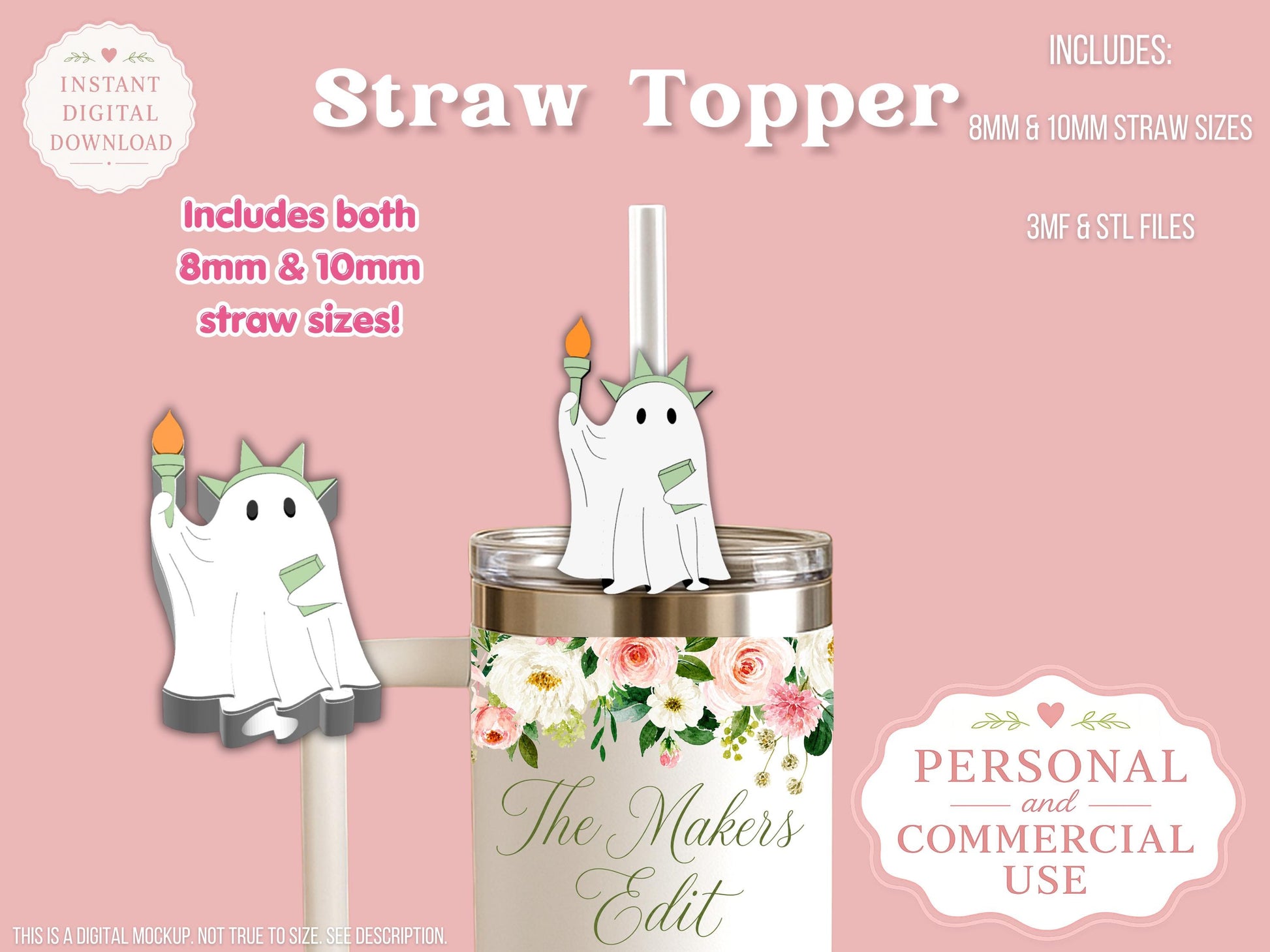 Straw Topper 3D Print File | Lady Liberty Ghost STL 3MF Tumbler Accessories