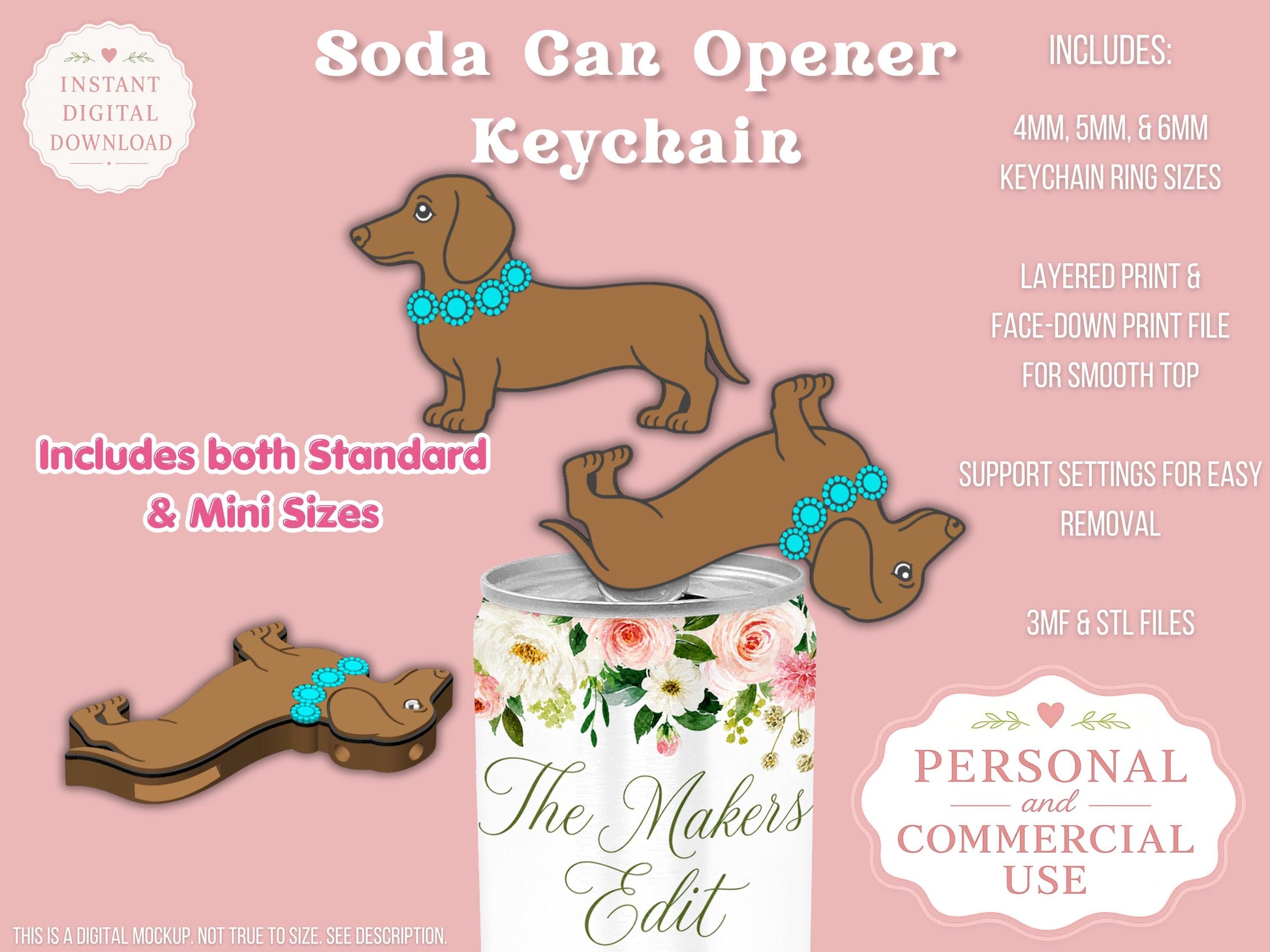 Soda Can Tab Opener Keychain 3D Print File | Short Hair Dachshund STL 3MF